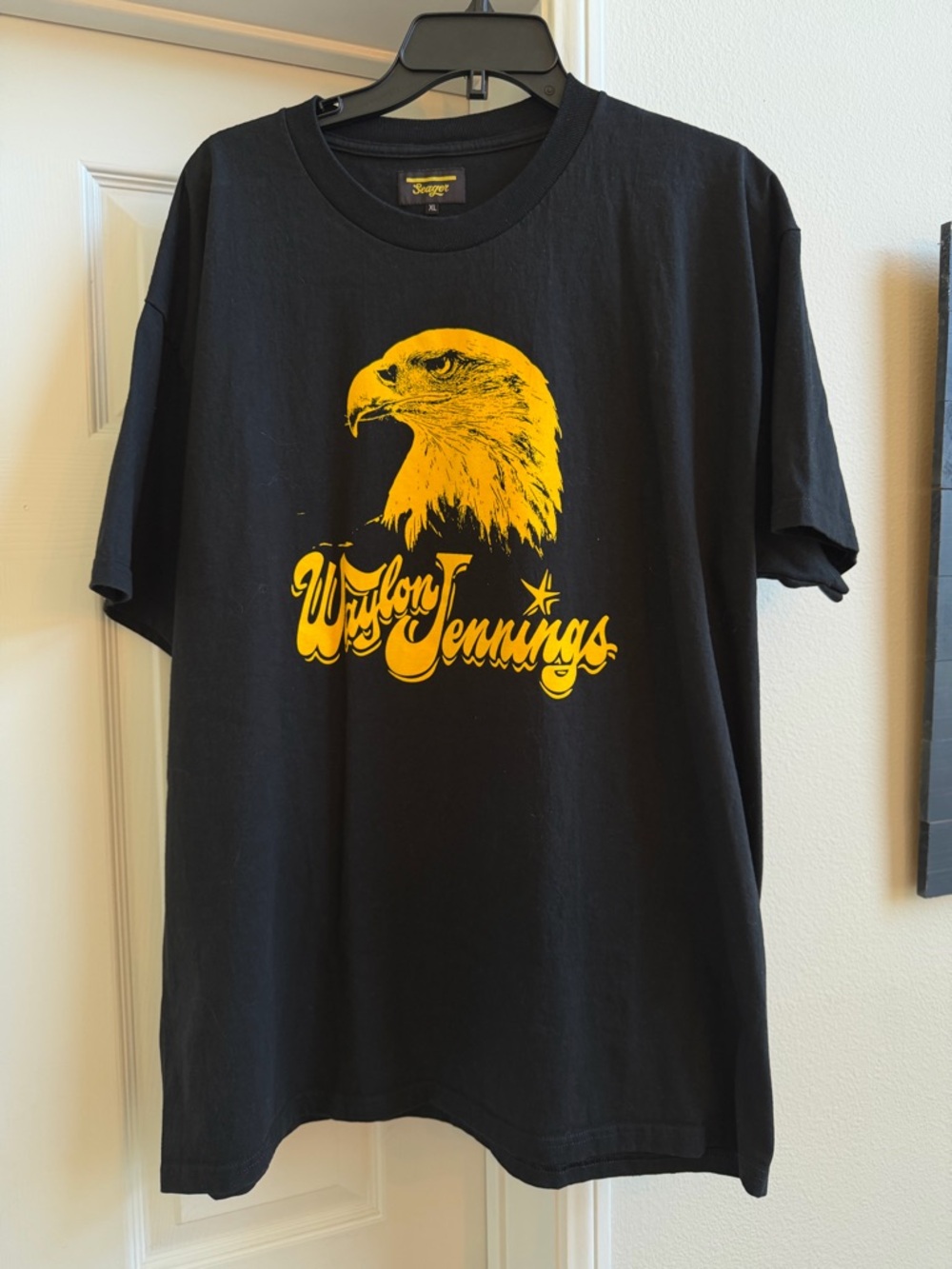 Seager Waylon Jennings Black Short Sleeve Tee with Yellow Eagle Graphic - Picture 3 of 4